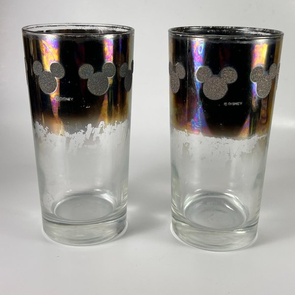 Walt Disney World Mickey Mouse Logo Silver Fade Chrome Drinking Glass Lot of 2 - Picture 1 of 16